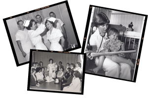Three photos of multiple nurses: one getting her nursing hat, one reading to a child, and one demonstrating to a class